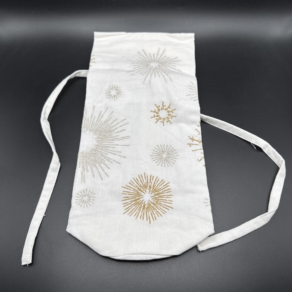Pottery Barn Linen Gift Bag Wine Bottle Starburst Sunburst Metallic Embroidered